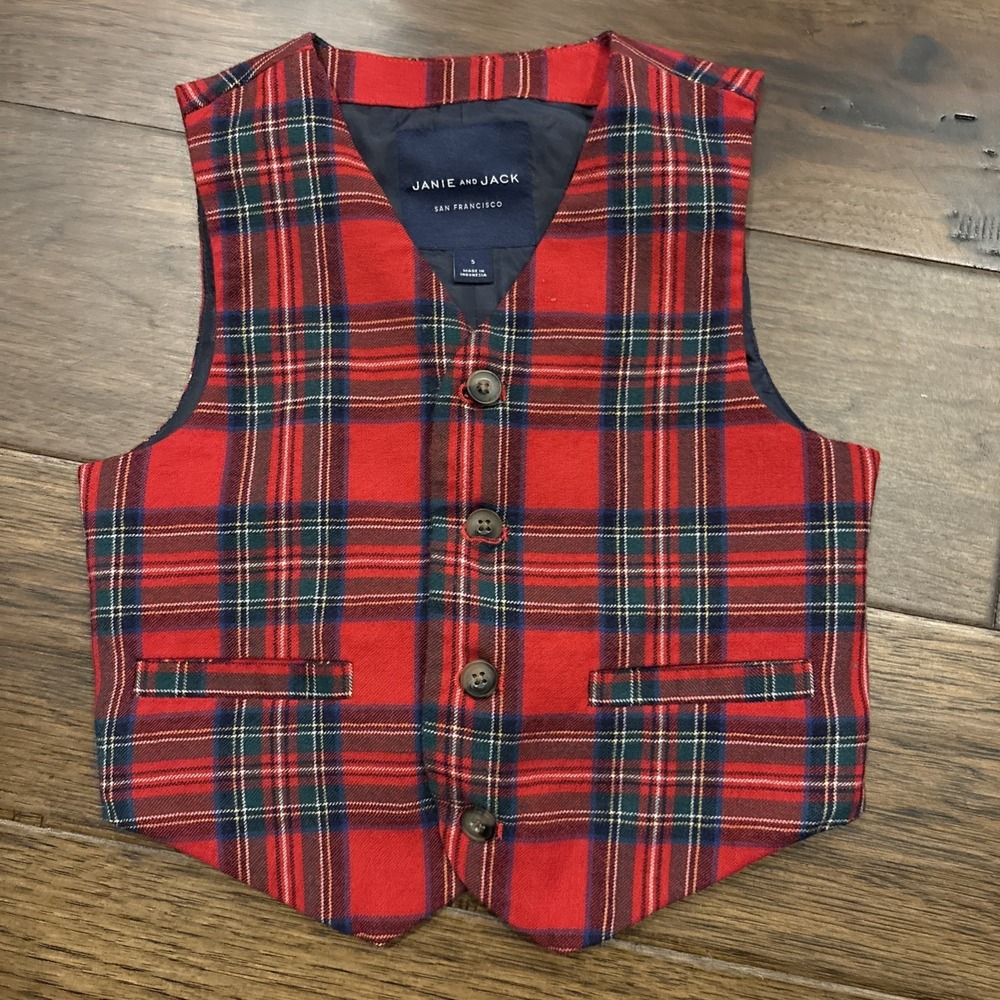 Janie And Jack Boys 5 Red Tartan Plaid Wool Suit Vest Christmas Holiday 4 Button